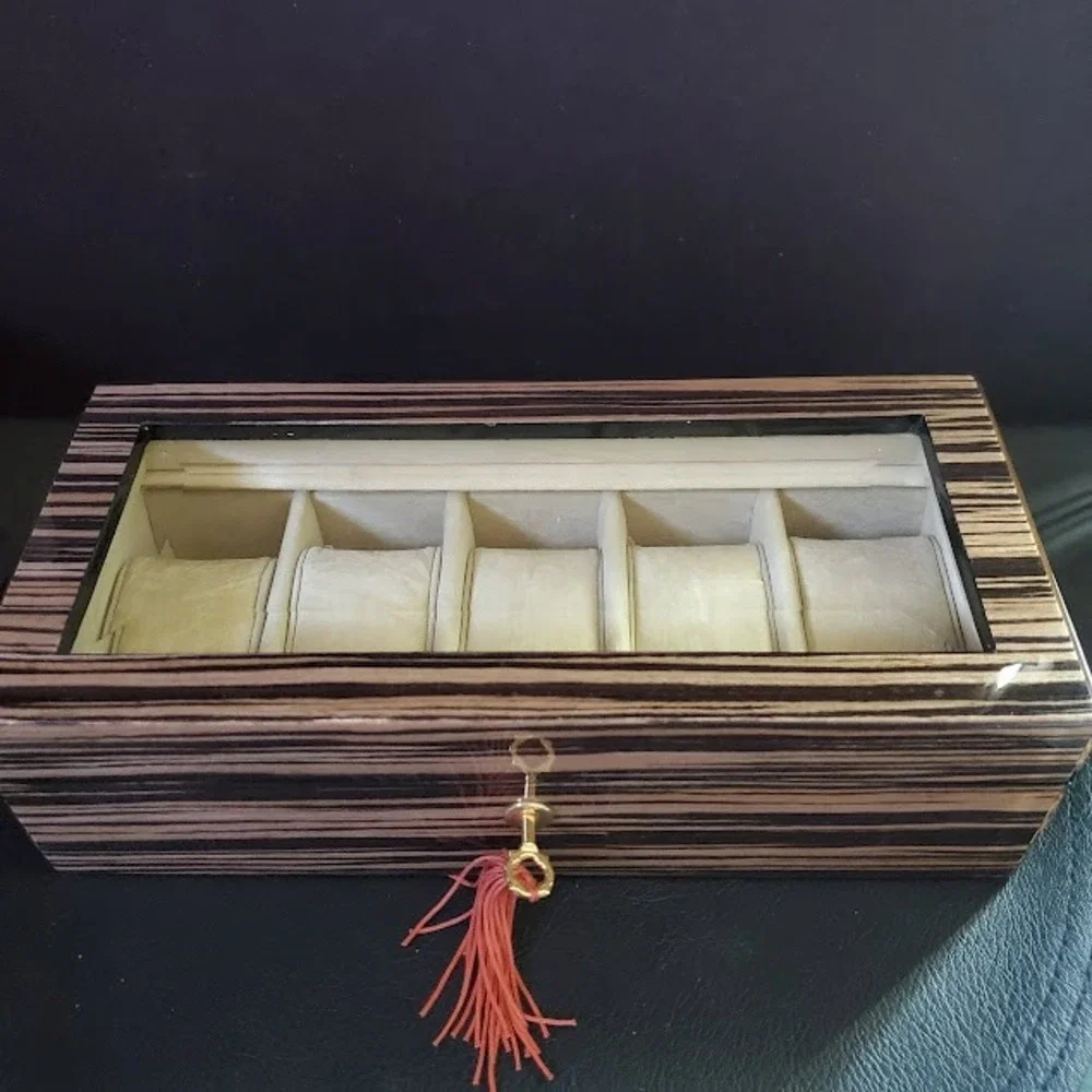 Zebrawood 5 Slot Watch Display Case Glass Top with Tassel Key Lock Organizer